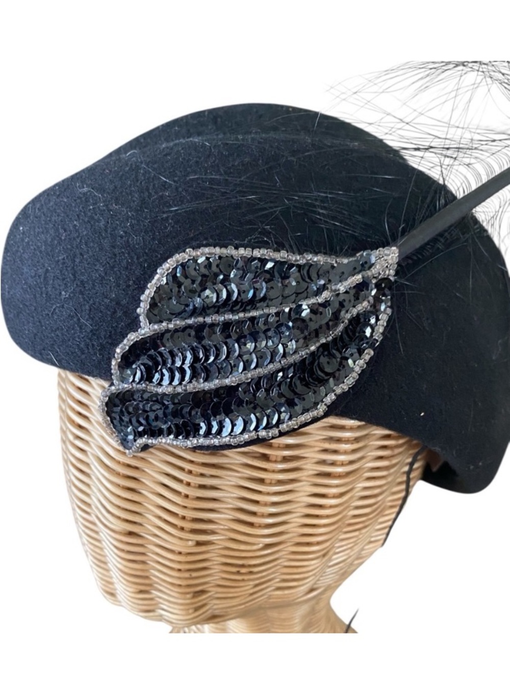 Adolfo II Excello 100% Wool Black Sequin Hat With Feather Vintage Church Easter - Picture 2 of 6